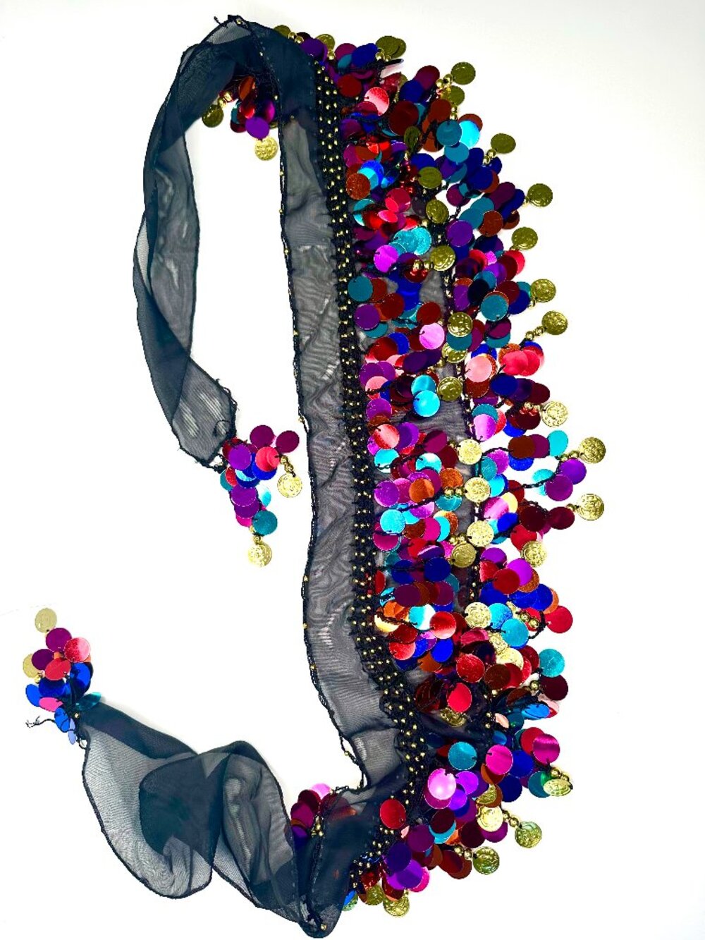 Black Chiffon Belly Dance Hip Scarf Multicolor Metallic Sequins & Gold Coins OS